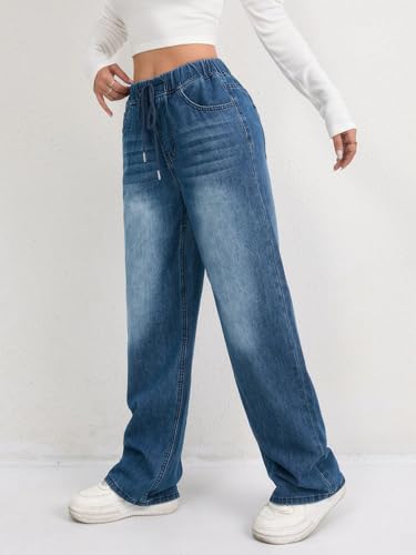 Women's Wide-Leg Stretchy High-Waisted Flared Denim Pants with Elastic Waist2