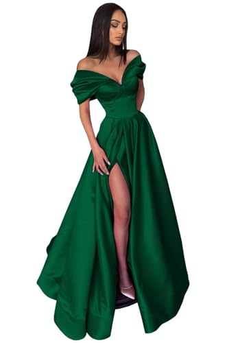 Image of Pleated Off The Shoulder Satin Prom Dresses for Women, Formal Evening Gowns Cocktail Party Dresses with Slit&Pockets