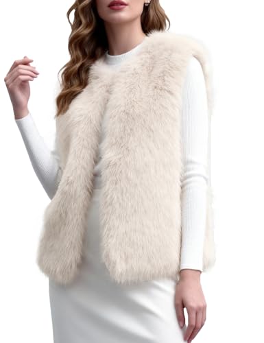 Rousytn Women's Faux Fur Vest Sleeveless Fuzzy Jacket Fluffy Faux Fur Vest for Women Warm Winter...