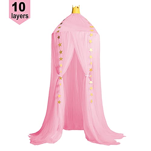 Image of Jolitac Princess Bed Canopy, Room Decor Round Lace Mosquito Net Play Tent Reading Nook Canopies Yarn Dome Netting Castle (Rose)
