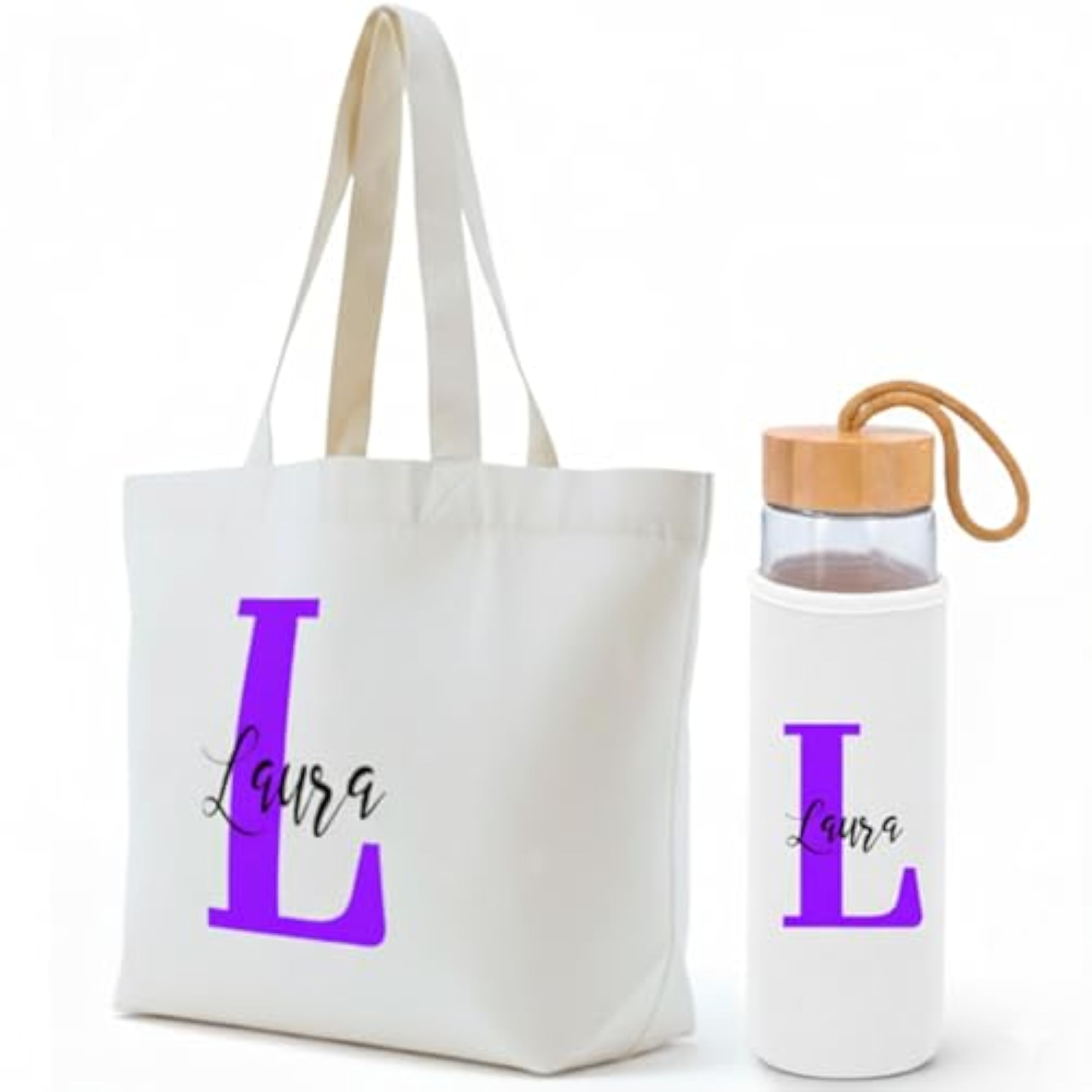 Gifters | Bolsa y Botella Cristal 530ml Personalizadas con Inicial y Nombre | Diseño Minimalista | Tote Bag con Cremallera | Pack Regalo Original para Mujer, Amiga, Madre o Profesora