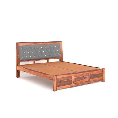 Image of SONA ART & CRAFTS Zeus Solid Sheesham Wood King Size Bed Without Storage (78x72) with 2 Bedside Table, Cushioned Upholstered Beds Double Bed Queen Size Cot for Bedroom (Natural Finish)