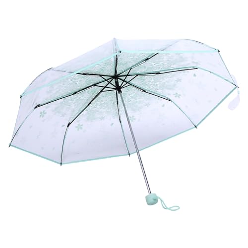 MAGT Faltschirm, Regenschirm Transparent Kirschblüte Taschenschirm 4 Farben Transparent Modisch Schön Regen Regenschirm(Grün)