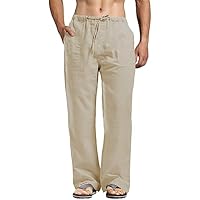 perdontoo Calça masculina casual de linho de algodão com cordão e cordão reto para verão, Cáqui escuro, XXG