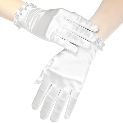 EoaMen White Gloves Women,1920's Fasion Satin White Gloves for Women's Wedding & Tea Party Pearl Banquet Dress