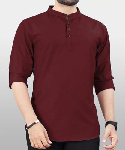 Image of DEEMOON Men's Regular Fit Solid Sprad Collar Casual Shirt with a Trendy Mandarin Collar Crafted from a Premium Cotton Blend