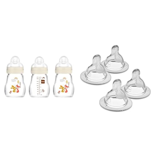 Image of MAM Feel Good Slow Flow Premium Glass Bottles, 5oz, 0+ Months, 3 Pack and Mixed Flow Nipples Level 1 Slow Flow and Level 2 Medium Flow, 4 Pack