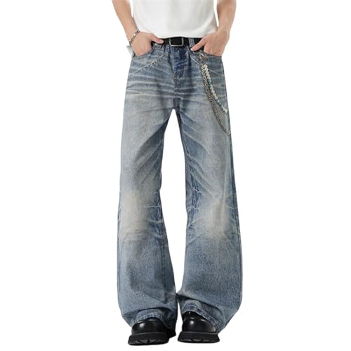 Men's Chain Print Jeans, High Street Washed Distressed, Baggy Straight Wide Leg Denim Pants3