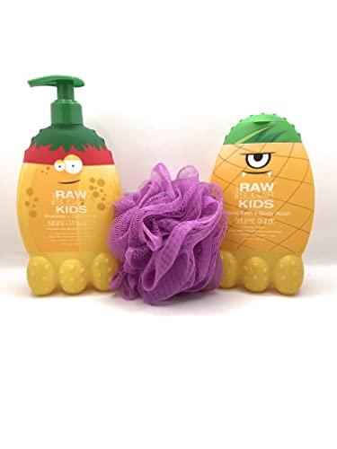 Kids Bundle By Raw Sugar : (1) 2-In-1 Banana + Strawberry Shampoo & Conditioner, (1) Pineapple + Orange Bubble Bath & Body Wash 12 Oz Each (Pack Of 2) + Loofah #TOP24