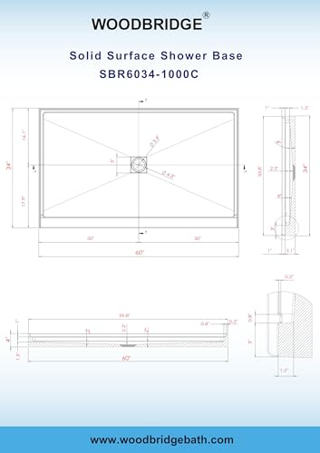 WOODBRIDGE 60"L x 34" W x 4"H Shower Base,Center Drain,Non-Slip Single Threshold Shower Pan, Solid Surface with Chrome Linear Drain Cover
