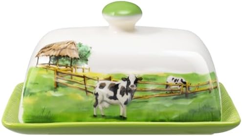 Cow Butter Dish with Lid for Countertop, Large Ceramic Embossed B...