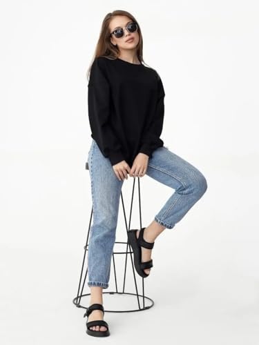 Image of LEOTUDE Women's Loopknit Boyfriend /Loose Fit Round Neck Sweatshirt (Color Black)