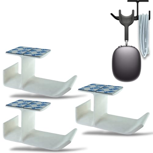 Image of SRS Under Desk Headphone Stand with Cable Organizer Storage Options | Headphone & Cable Hook Holder Hanger | Stick-ON Adhesive with Surface Cleaning Wipes (White, Pack of 3)