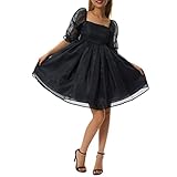 Women's Puff Sleeve Tulle Princess Dress Off Shoulder Square Neck Fairy Mini Dress Tie Dye Party Prom Evening Dresses (US, Alpha, Small, Regular, Regular, Black)