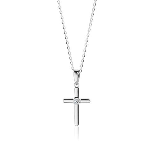 Orovi Collier Croix - Or Blanc 9 Carats (375)- Collier Femme/Homme, Pendentif Croix et Diamant...