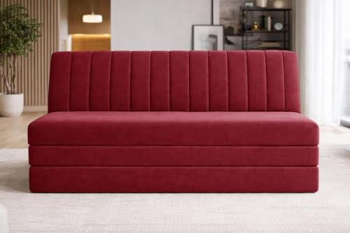 Image of Deco Studio Three Seater Convertible Floor Sofa Bed Modern Velvet Fabric Folding Couch for Living Room, Guest Room & Small Spaces - Red Color