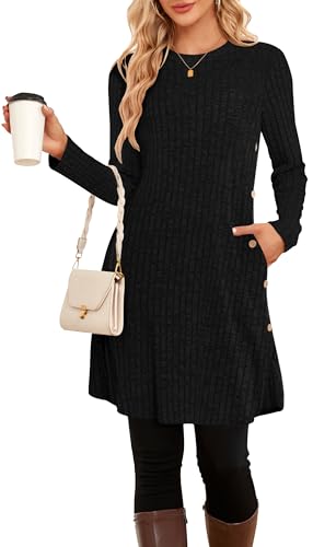 SENBATU Winter-Pullover-Kleider für Damen Midi-Langarm Kausale Knöpfe Seitliches Tunika-Kleid mit Taschen(Einfarbig Schwarz,X-Large) EU XL