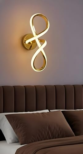 Image of Modern Infinity Loop LED Wall Light | Luxury French Gold Finish | 3 Step Color Changing Decorative Acrylic Lamp with Diffuser | Indoor Lighting for Living Room Bedroom Hallway Home Decor