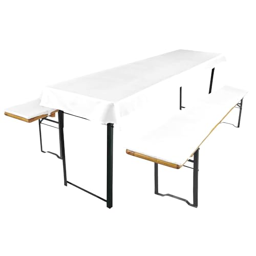 Bierzeltgarnitur Auflage Set 3-teilig Weiß | Bierbankauflagen 220x25x2 cm & Tischdecke 70x240 cm | Bankauflage Polster Set für Bierbank & Biertisch | Bequem & Pflegeleicht
