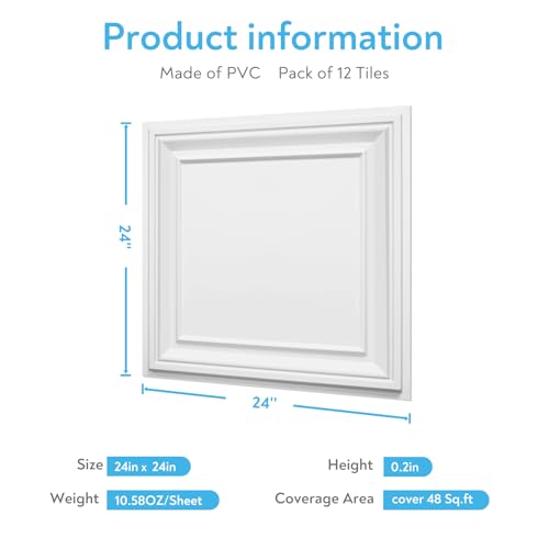 Image of STICKGOO Drop Ceiling Tiles 24x24 Inch, Glue Up Ceiling Panels, Pack of 12 | PVC Waterproof, Prevent Breakage, Easy Installation, Ceiling Covering for Home Office Decor, Cover 48 Sq. Ft, White