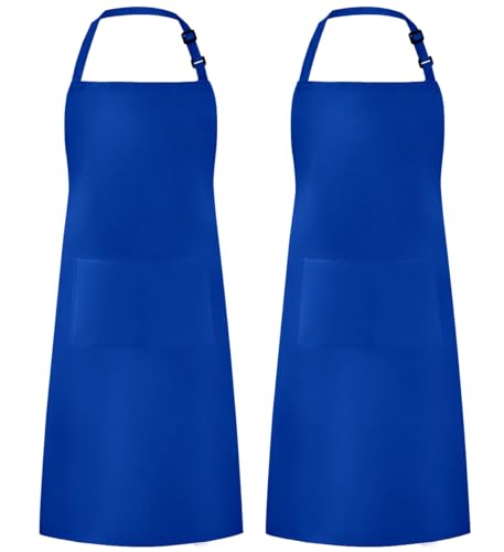 Syntus 2 Pack Adjustable Bib Apron Waterdrop Resistant with 2 Pockets Cooking Kitchen Aprons for Women Men Chef, Royal Blue