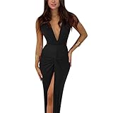 JUMISEE Women's Sexy Plunging V Neck Maxi Dress Elegant Ruched Twist Knot Bodycon High Slit Backless Cocktail Party Dress Black