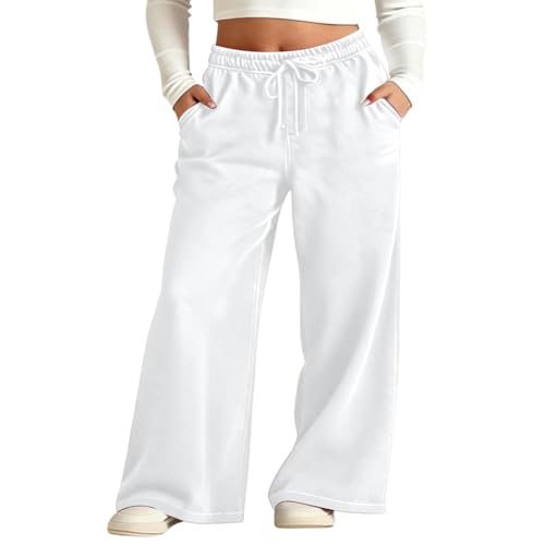 Pantalón Femenino de Talle y Pierna Amplia para niñas cómodo y versátil para Uso Diario elastizado con cordón Regulable Bolsillos y Corte Recto con Acabado Informal (White, 12-13Years) #258