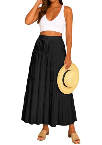 Women’s Solid Cotton Maxi Skirt with Pockets | Tiered 40-Inch Long Skirt | Elastic Waist Resort Wear | Summer Outfit