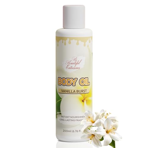 Image of Body oil designed for Deep Hydration to nourish, protect, and rejuvenate the skin while leaving it with a soft, radiant glow and a vanilla scent long -lasting fragrance jojoba oil and more 6.76oz