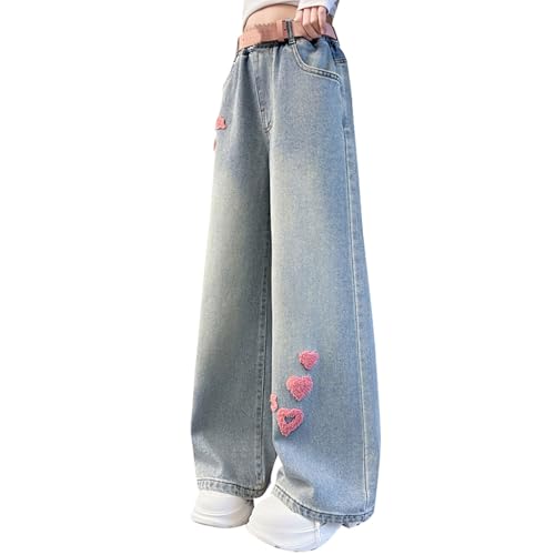 Girls Trendy Heart Jeans High Waisted Wide Leg Elastic Waist Baggy Denim Pants Cute Aesthetic Vintage Bottoms