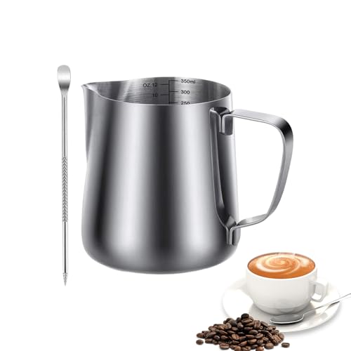 Jarra Espumadora De Leche - Jarra De Acero Inoxidable Para Espumar Leche Con Lápiz Para Latte Art - 350 ml Apto para Lavavajillas para Cappuccino Vapor y Vertido - Vaporizador Capuchino Pa