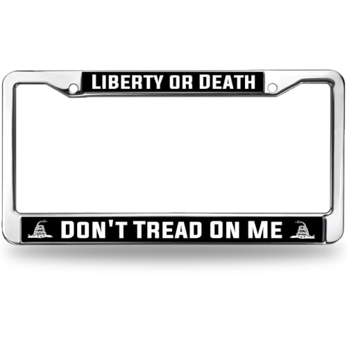 Image of Dont Tread On Me License Plate Frame, Metal Gadsden Flag Auto Tag Holder | Express patriotic freedom with this durable metal Dont Tread On Me license plate frame, weather-resistant to last.