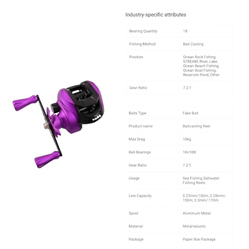 Image of High Speed Baitcasting Reel for Sea Fishing, 18+1 Ball Bearings, 7.2:1 Gear Ratio, 10kg Max Drag, Lightweight Metal and Plastic Build, Aluminum Spool, Purple