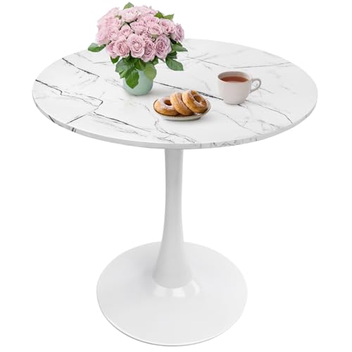 Elepbear Small Space 27.5 Inch White Faux Marble Round Tulip Dining Table - Mid Century Pedestal Base Kitchen Table for 2-4 People - Easy Assembly & Easy to Clean