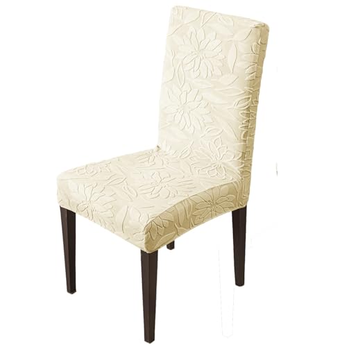 Image of House of Quirk Stretchy Universal Camellia Jacquard Waterproof Chair Cover Removable & Washable Short Dining Chair Cover Protector Seat Slipcover (Beige,Pack of 1)
