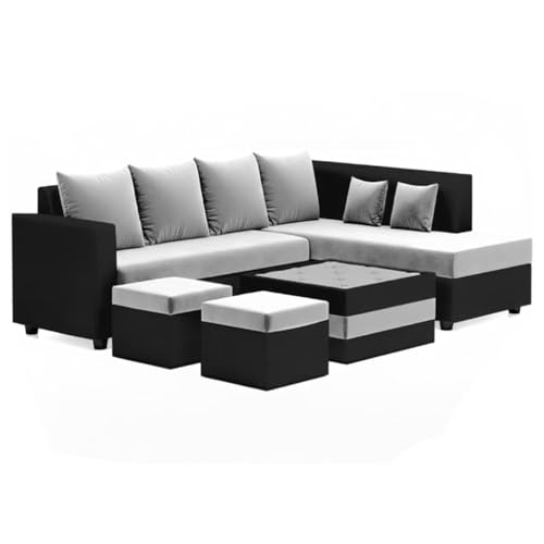 Image of CASASTYLE Stylify 8 Seater Fabric RHS L Shape Sofa Set with 1 Centre Table & 2 Ottoman (Light Grey-Black) 8 Person Seating with Premium Velvet Finish | Ideal for Living Room