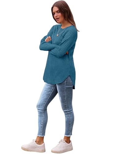 Image of Saloogoe Long Sleeve Shirts for Women 2025 Fall Clothes Tunic Tops Loose Fit Dressy Crewneck Pullover Sweaters Curved Hem