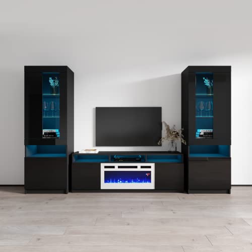 Meble Furniture Reno WH05 Electric Fireplace Entertainment Center - Entertainment Center Console for Bedroom & Living Room - Modern TV Entertainment Center with Komi Bookcase and LED Lights - Black