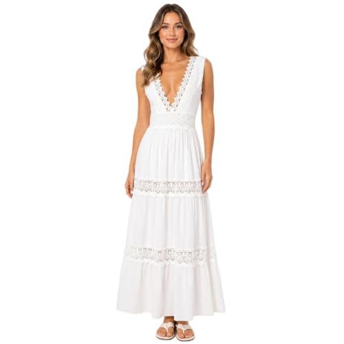 Robe longue en dentelle blanche pour femme, col en V, sans manches, à volants, style bohème, pour l'été, la plage, les invitées de mariage, les vacances,...