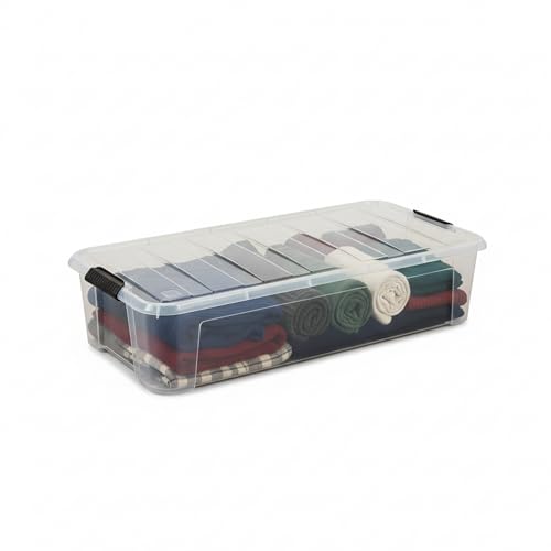 Image of Clear Heavy Duty Transparent Under Bed Bulk Storage Container with Lids, 35 Litre, Dustproof, Stackable, Clip On Lid, BPA Free, Multipurpose Bed Storage Box with Roilling Wheels (Pack of 1)