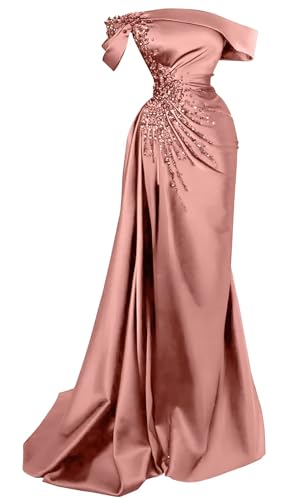 Teplpce Women's Dusty Rose Prom Dresses Satin Bead Mermaid Off The Shoulder Formal Dress Evening Party Gown Plus Size US 22W