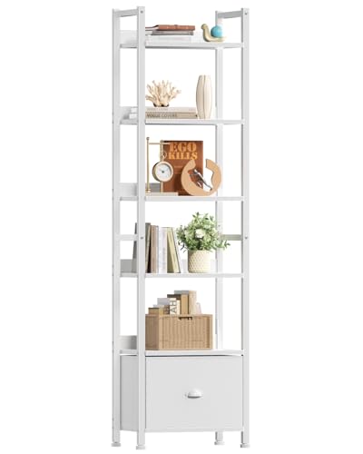 Furologee 6 Tier Bookshelf, Tall Shelf with Drawer, Wood and Metal Bookshelves Storage Organizer, Modern Display Shelving Unit for Bedroom, Living Room, Home Office, White