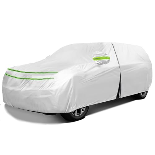 QUYDDC All Weather Universal Car Cover, Waterproof Snow Proof UV Proof Scratch Proof Bird Droppings Proof with Driving Cab Zipper, Fit for SUVs Body Length 209' to 216' - Silvery
