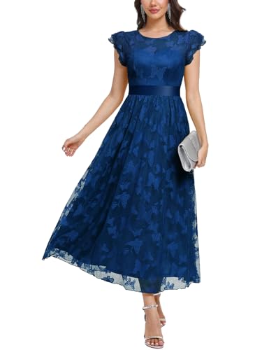 Image of Women's Casual Tulle Midi Dress Ruffle Sleeve Crewneck Lace Flowy Dresses Party Wedding Guest Sundress