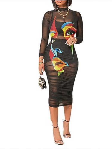 Women Sexy 3 Piece Outfits Set See Through Print Long Sleeve Midi Dress Sheer Mesh Crop Tank Tops Bodycon Skirt