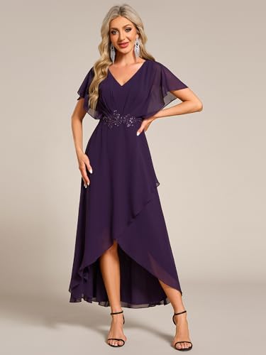 Image of Ever-Pretty Women's Formal Dress A Line V Neck Applique Waist Tea Length Wedding Guest Dress 02027