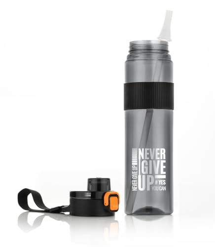Image of Sports Water Bottle with Straw & Carry Strap | Leakproof BPA-Free Gym Bottle | Flip Lock Lid | MOTIVATIONAL NEVER GIVE UP BOTTLE | Office, School, Gym & Travel (Black)