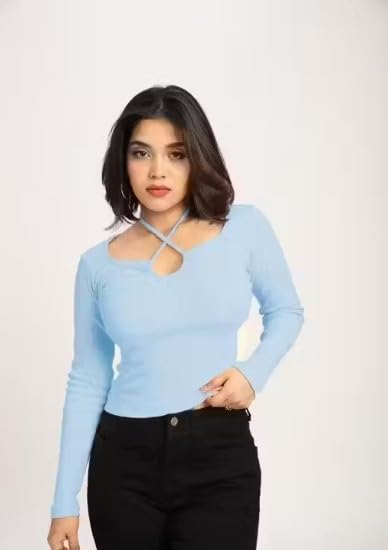 Image of Gampy Women's Lavender Long Sleeve Top, Criss-Cross Neck Design, Ribbed Knit Fitted Casual