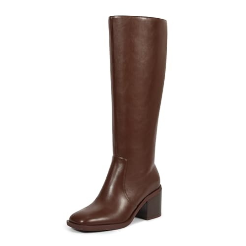 ISNOM Chunky Low Heel Knee High Boots Women Long Tall Square Toe Boots Faux Leather Comfortable Boot With Side Zipper for Regular Calf