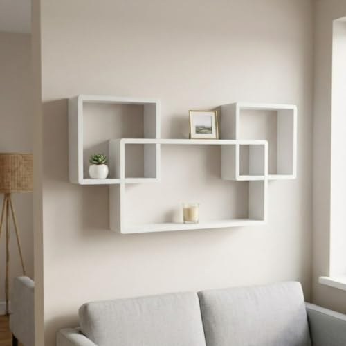 Image of Modern Geometric Floating Wall Shelf - Wall Mounted Decorative Display Shelves for Living Room, Bedroom & Office | Wooden Wall Shelf for Home Decor, Books, Plants & Showpieces Full White